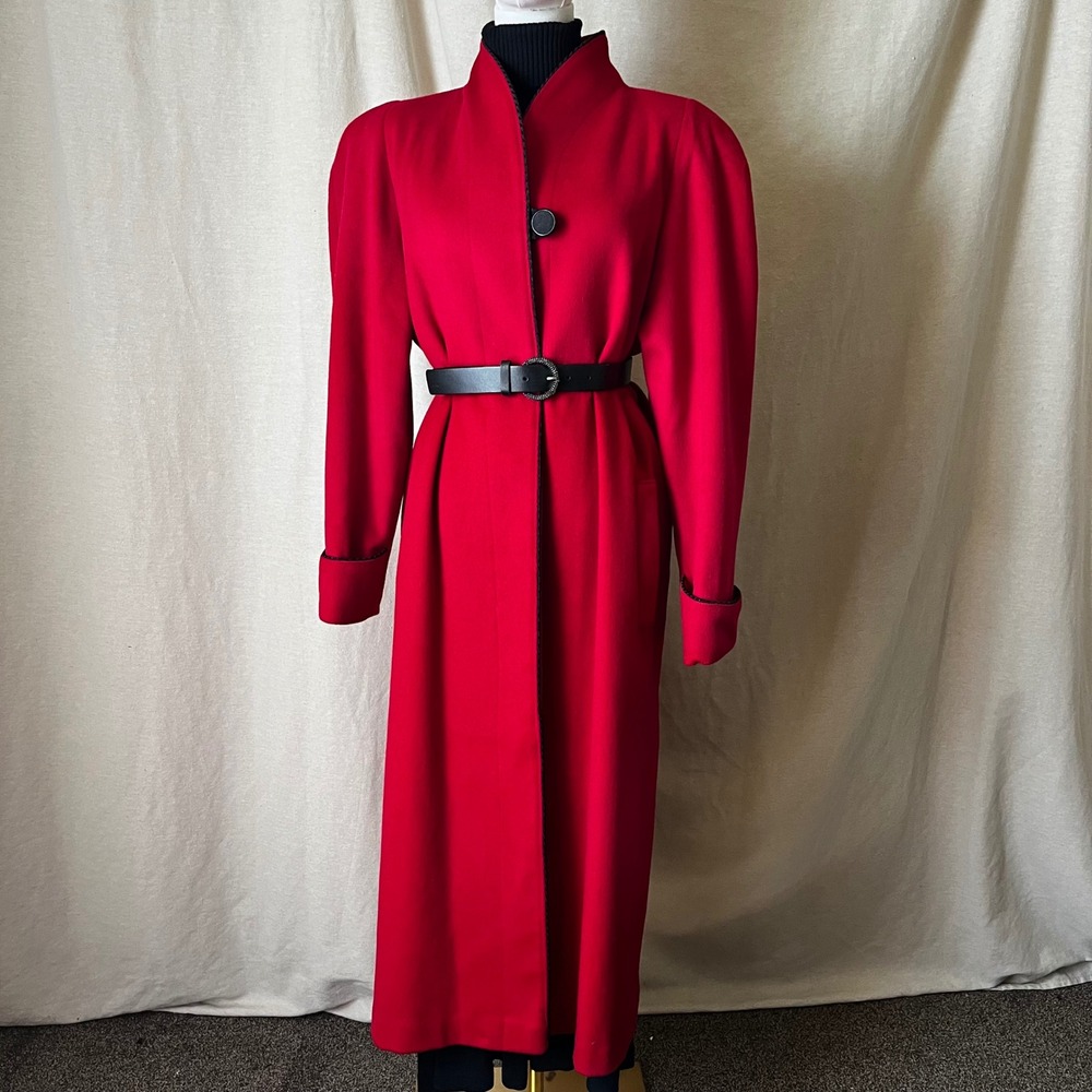 Vintage Braetan Red Wool Maxi Coat Forstmann Fabric L/XL Made USA 80s Statement